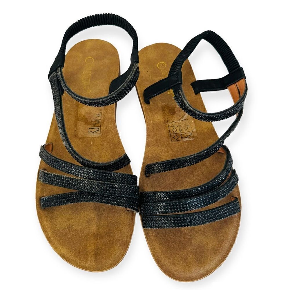 Ashley Blue Comfort Black Rhinestone Flat Sandals Size 10